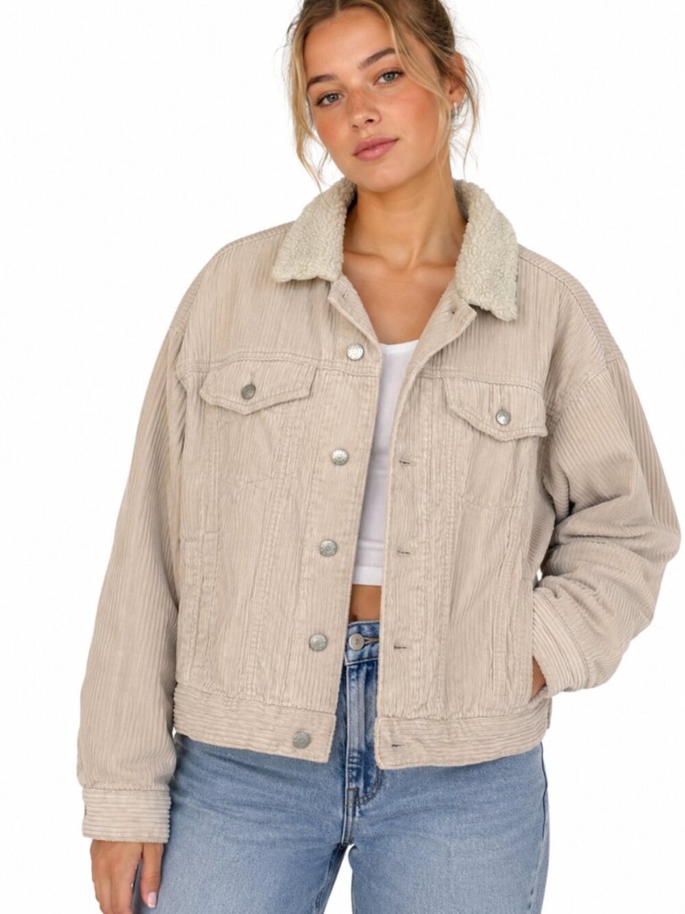 BDG Urban Outfitters Cream Corduroy Sherpa Lined Trucker Jacket Size L